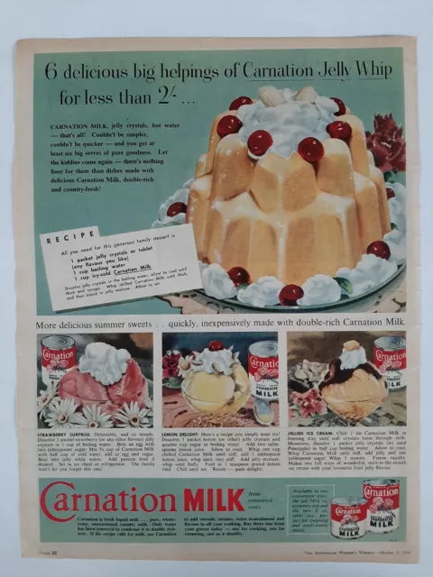 VINTAGE AUSTRALIAN ADVERTISING 1955 ad CARNATION MILK jelly whip recipe ...