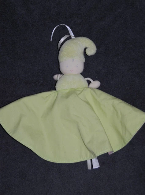 Doudou Plat Poupée Lutin Plat Réversible COROLLE Vert Rose à Pois Hochet NEUF 2