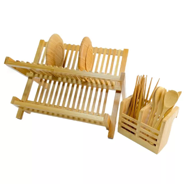 Bamboo Dish Rack Folding 2 Tier Drainer Dish Drying Rack WITH Utensils Holder