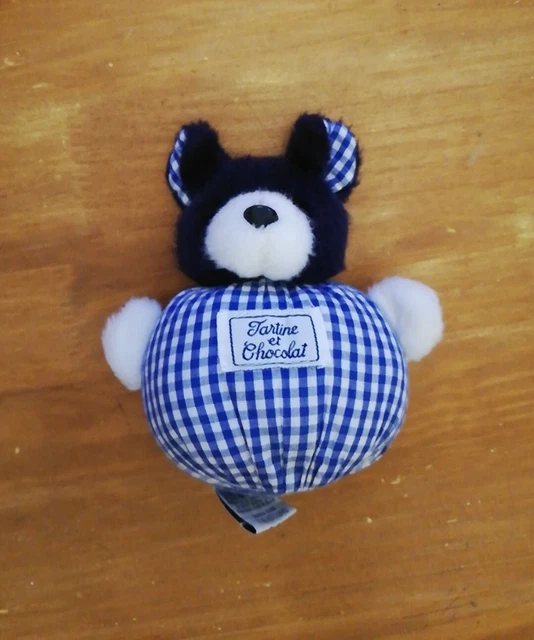 OL Doudou Peluche Tartine Et Chocolat Chien Lapin Blanc Vichy Bleu Marine Boule