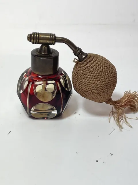Antique Vintage Miniature Cranberry Glass Perfume Atomiser Bottle. 2” Tall