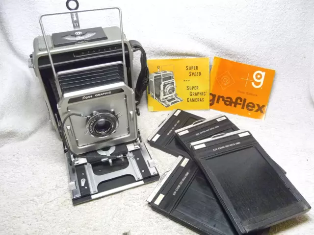 Cámara de prensa Graflex Super gráfica 4x5 de la década de 1960 con 90 mm, 4 soportes, manuales. ¿Militar?