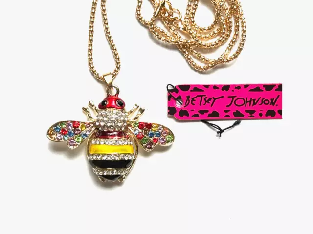 Betsey Johnson Crystal Red Yellow Enamel Honeybee Gold Plated Pendant Necklace