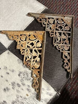 2 Antique Lattice Garden Ornate Cast Iron Shelf Brackets 8” X 6”