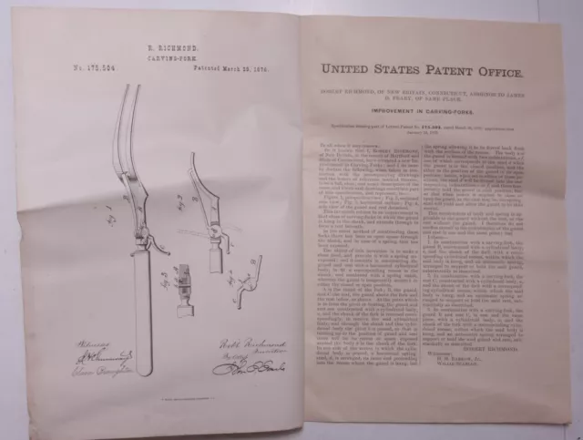Pre-1919 Patent Notice Richmond Carving Fork #175504 1876 Frary Ephemera L926C