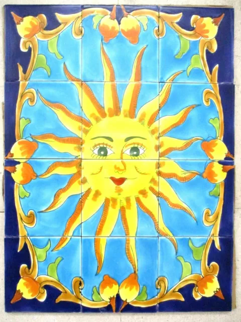 18" x 24" Hand Painted Ceramic tile art  wall mural Panel SUN Blue Backsplash