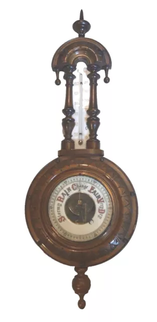 Antique Victorian Late C19th Aneroid Barometer And Thermometer