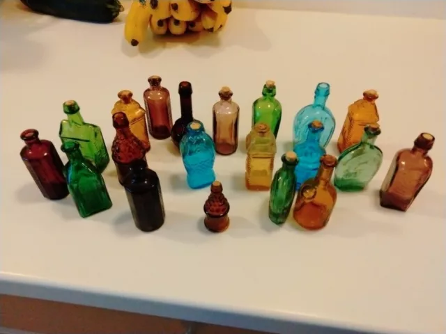 Vintage Lot Of  20  Miniature Colored Glass Bottles Taiwan Bitters Tree Life