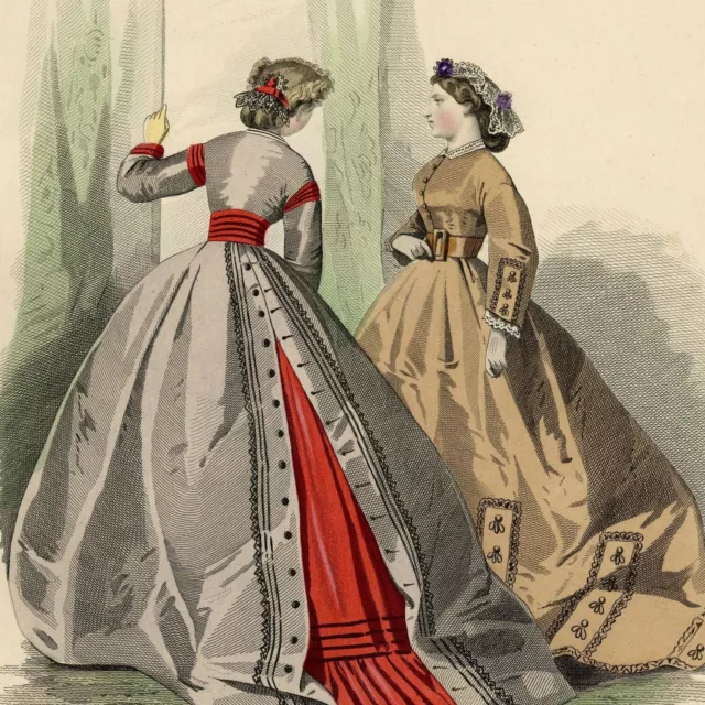 Les modes Parisiennes Robes Gagelin - Gravure de mode Aquarelle originale XIXe