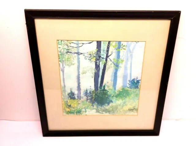 Original Signed Watercolor Painting Fall River MA Forest Leaves Black Framed Art
