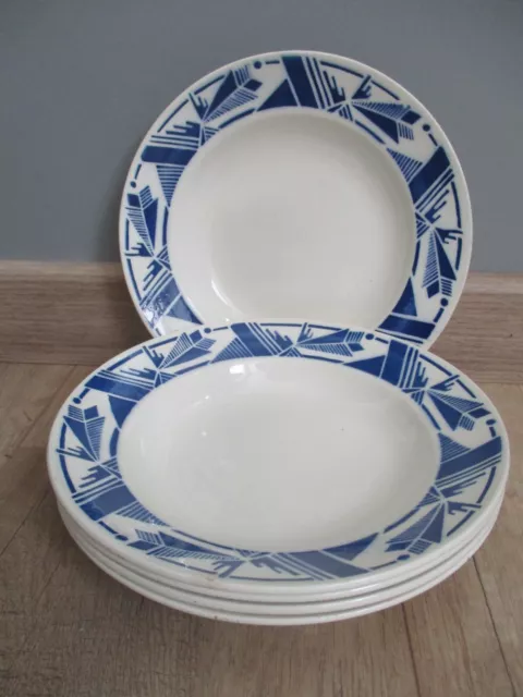 6 Assiettes creuses anciennes  BADONVILLER Modèle Mado décor géométrique bleu