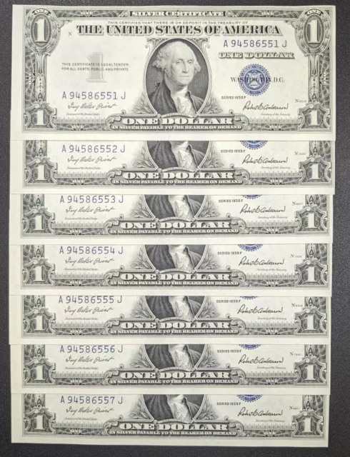 U.S. 1935 Seven Consecutive $1 One Dollar Silver Certificates Crisp Uncirculated