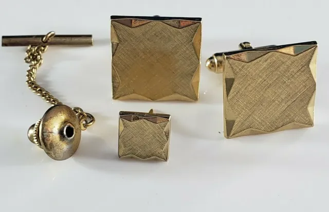 Vintage Cufflinks Cuff Links Tie tack Set Signed Anson Gold Tone Lot Diamond Cut