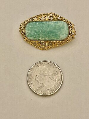 Antique Edwardian Art Nouveau Green Peking Glass Goldtone Filigree Frame Brooch