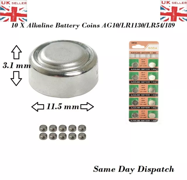 10 X pcs AG10 GP189 SR54 LR1130 L1131 1.5V Alkaline Button Cell Battery soda UK