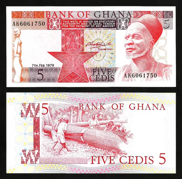 GHANA 5 CEDIS 1979, UNC, 2 PCS PAIR, CONSECUTIVE, P-19a, PREFIX AK