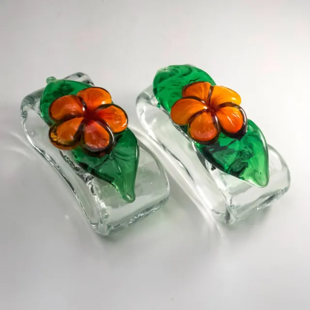 Pair Hand-blown Art Glass Flower Napkin Rings Lampwork Orange Green Dining Gift