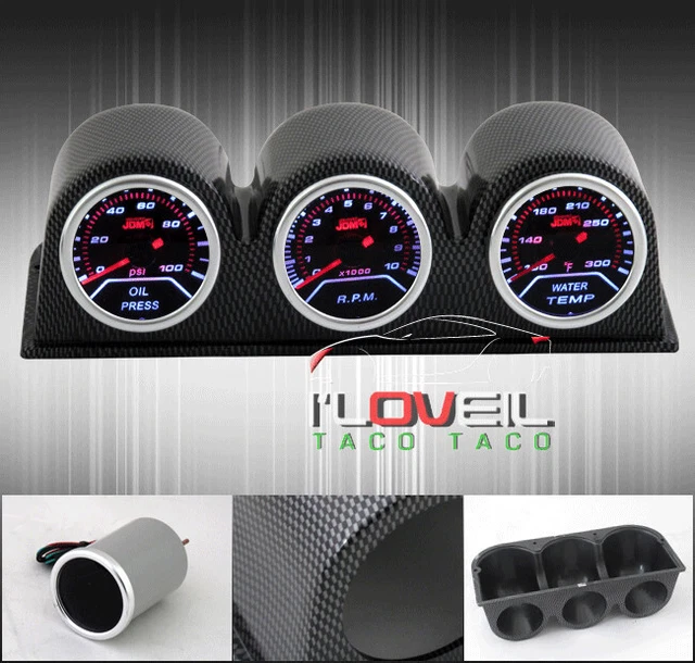 Oil Pressure + Rpm Meter Tach Tachometer Gauges + Water Temperature + Pod Holder