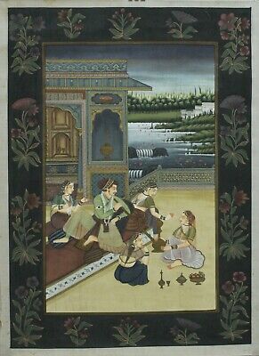 Mughal Miniature Painting Of King And Queen in Love Scene On Silk 16x22 inches