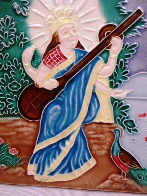 Vintage Majolica Tile Japan Sarasvati Ravi Varma Ceramic Pictorial Art Nouveau " 2