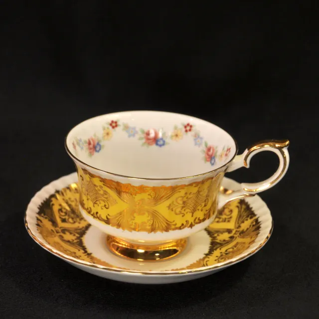 Paragon Cup & Saucer Pembroke B Yellow Scrollwork Floral w/Gold 1966-1992 HTF