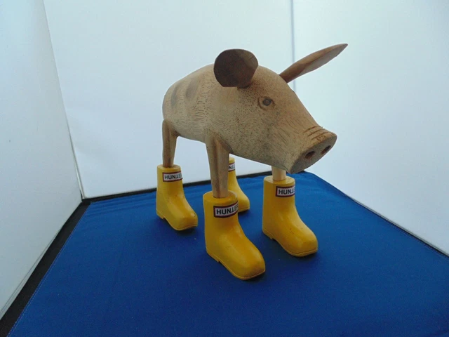 LARGE HAND CARVED Wooden Pig Ornament In Colourful Hunter Welly