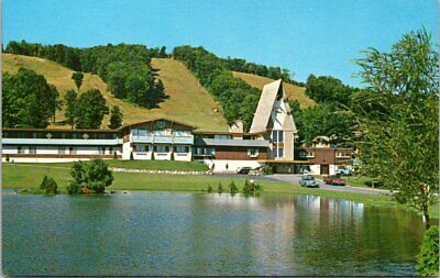 View Across Lake to Boyne Mountain Lodge Boyne Falls Michigan Vintage Postcard