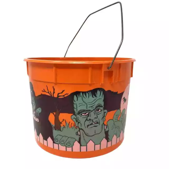 Vintage Halloween Candy Pail Bucket Metal Handle Frankenstein Mummy Witch Ghost