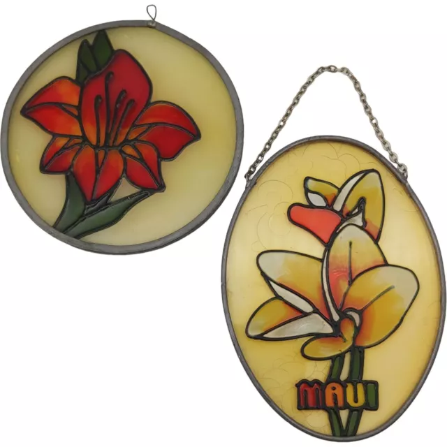 Maui Hawaii Flower Painted Glass Suncatchers - 4" Small Red Orange Yellow Floral