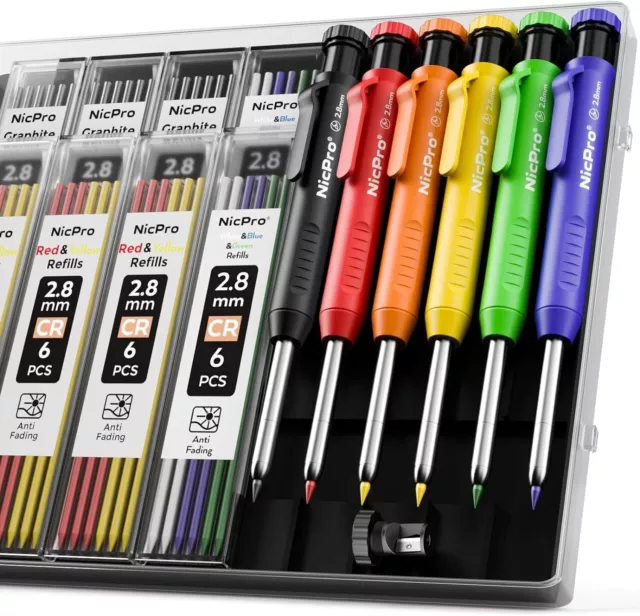 6 Pack Carpenter Pencil with Sharpener,Mechanical Pencils Set 54PCS Refills(Blac