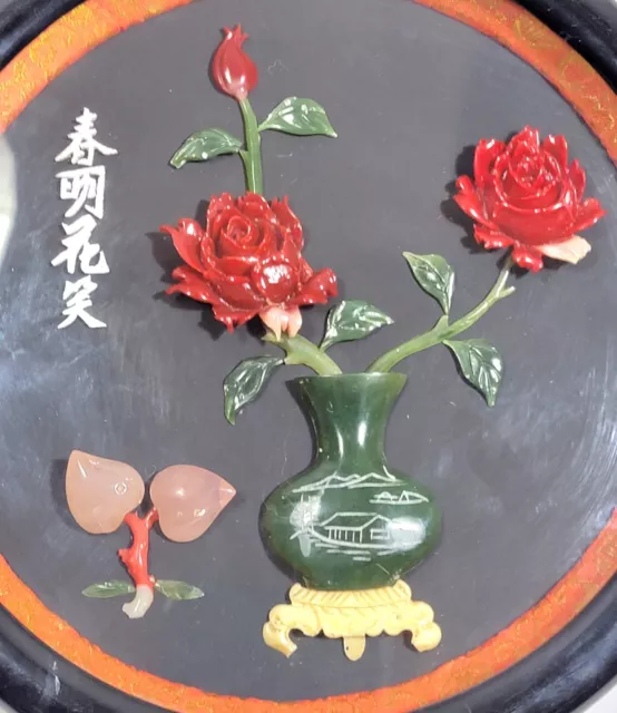 Vintage Mid Century Asian/Chinese Faux Jade Shadow Box With Roses c 1960 2