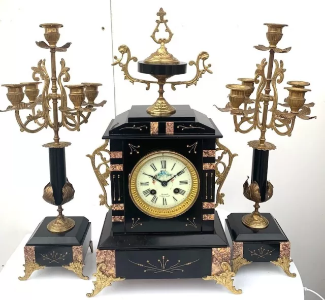 Amazing Style Antique French Slate Mantle Clock 8 Day Candelabra Clock Set C1880