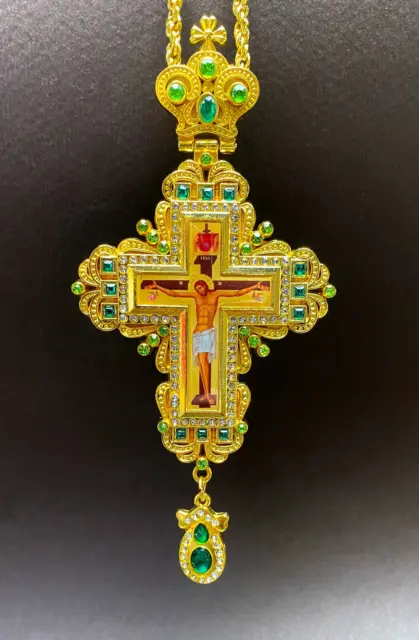 Greek Russian Orthodox Priest Pectoral Cross Pendant Gold Plated Green Stones