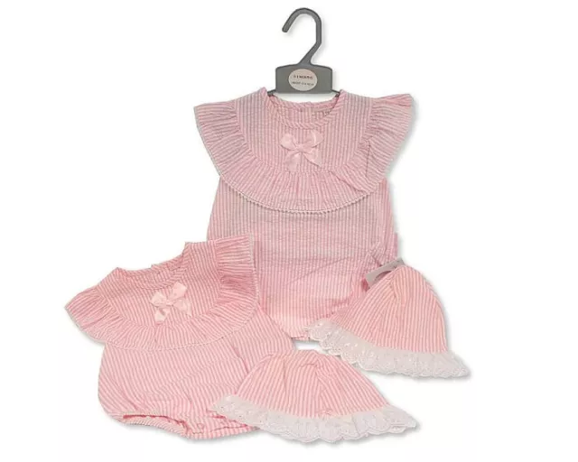 Baby Girls Romper Set ~ Frilly Seersucker Bow & Frilly Lace Hat ~ Pink Stripes