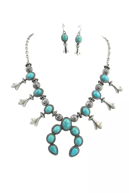 Southwestern Faux Blue Turquoise Squash Blossom Necklace & Earrings Set