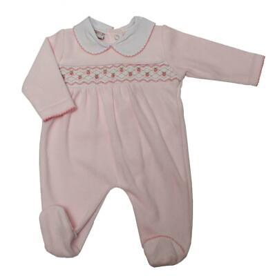 Pink Smocked Velour Rompers Baby Grow Sleepsuit Roses Design Girls 0-9 Months
