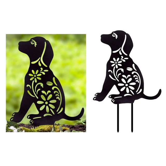 Intricate Floral Cutouts Shadow Silhouette Garden Stake with Cute Puppy Design 2