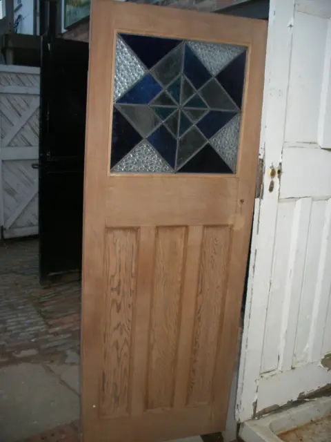 Reclaimed 1930s  stripped pine,  stained glass internal door with geometric 2