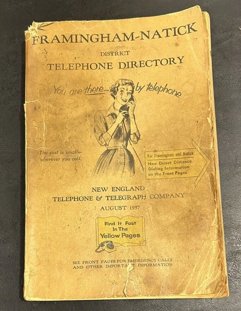 1957 MASACHUSETTS Area Phone Telephone DIRECTORY Phone Book NATICK-Framingham