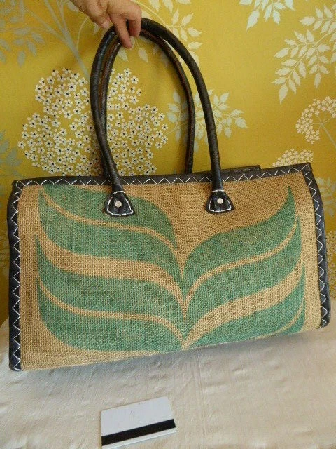 Tote Bag Cabas En Toile Rayée Avec Anses En Cuir - Décor Peint - État Parfait