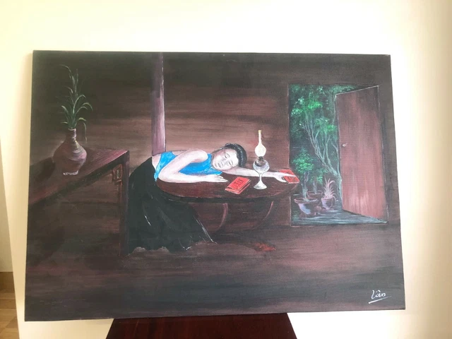 Vietnam Oil Painting on Canvas a Young Woman Reading a Book Late at Night Signed