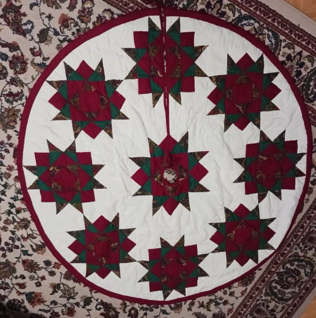 Handmade Quilted Christmas Tree Skirt 8 Pointed Stars Trim burrgundy quilted 53"
