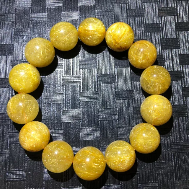 Natural Gold Rutilated Quartz Crystal Round Beads Bracelet 16mm S841