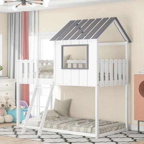 Twin Size Bunk House Double Children's House Bed w/Rustic Fence-Shaped Guardrail