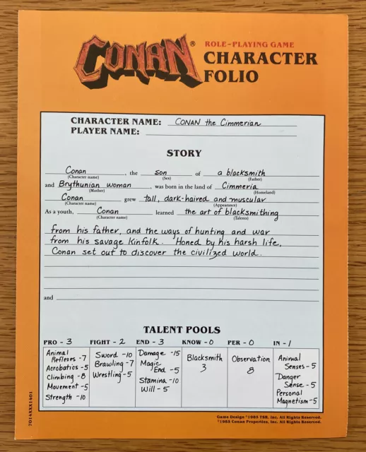 Conan Fantasy Role Playing Game Pre Rolled Character Folio 1985 TSR7014 RARE