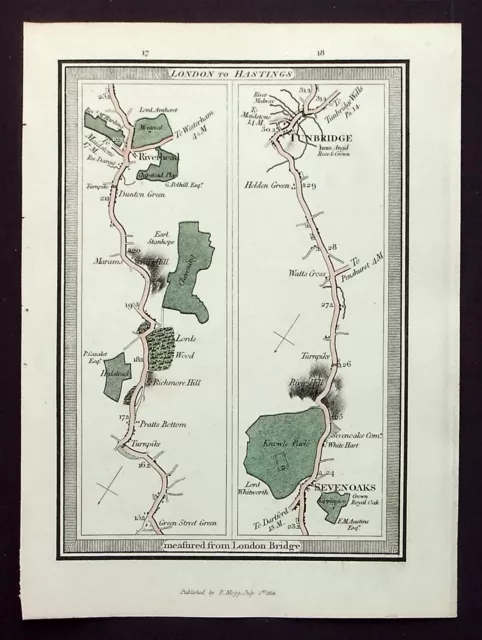 KENT, RIVERHEAD, SEVENOAKS, TUNBRIDGE, original antique road map, MOGG, 1817