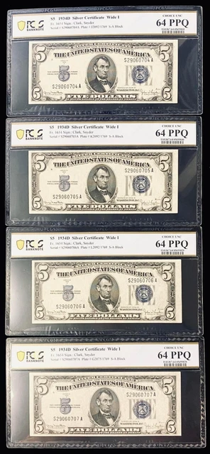 (4) Consecutive # Pcgs Bn Choice Unc 64 Ppq 1934-D Wide I $5 Silver Certificates