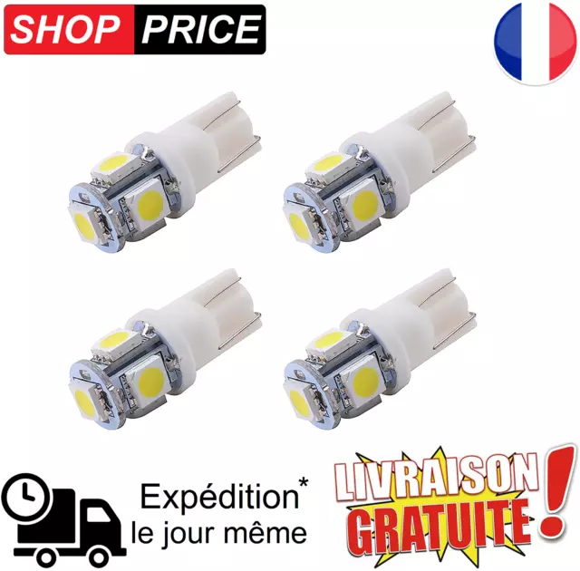 4 veilleuses ampoules voiture / moto LED T10 W5W 6500K Blanc XENON 5 SMD