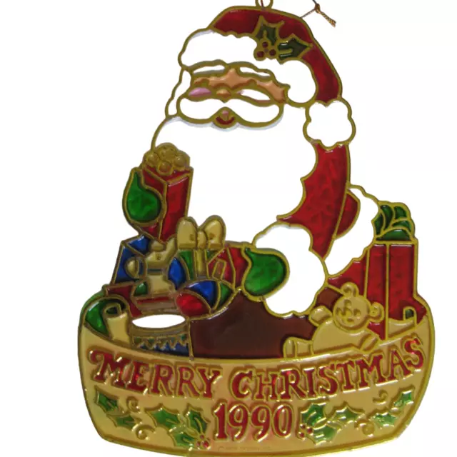 VTG Santa Claus Suncatcher Merry Christmas 1990 Plastic Stained Glass Presents