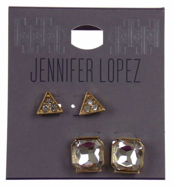 2 Pair Jennifer Lopez Pierced Earrings Gold Post Faux Clear Crystals Triangle